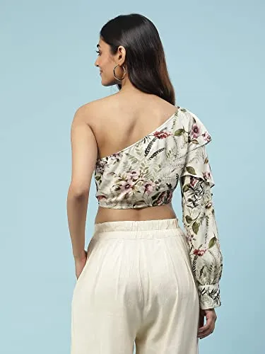 Aarke Ritu Kumar Off White Floral Print One Shoulder Crop Top