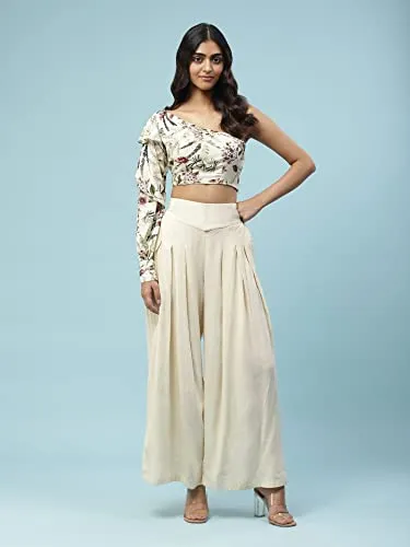 Aarke Ritu Kumar Off White Floral Print One Shoulder Crop Top