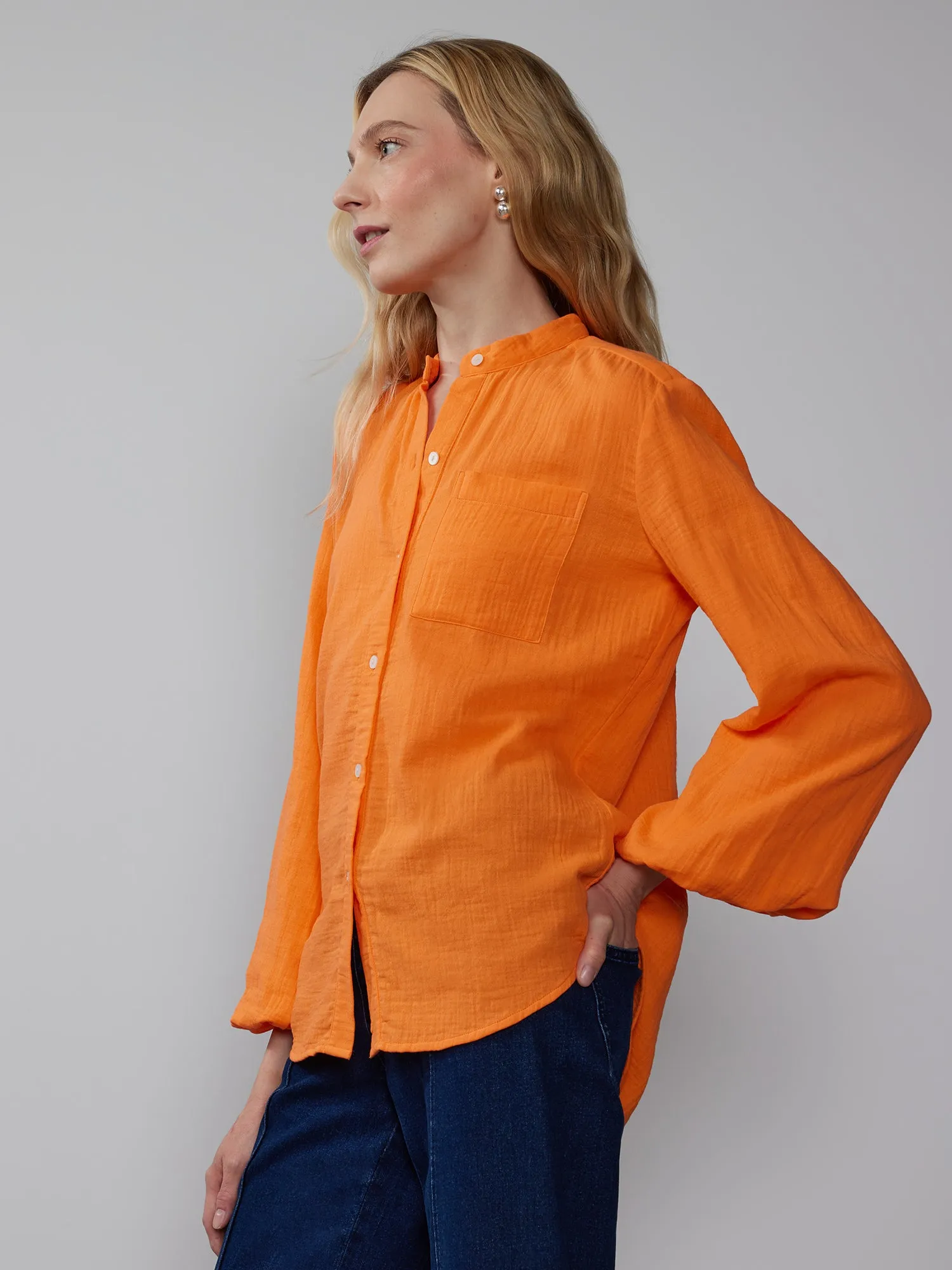 Balloon Sleeve Cotton Gauze Button Down Shirt