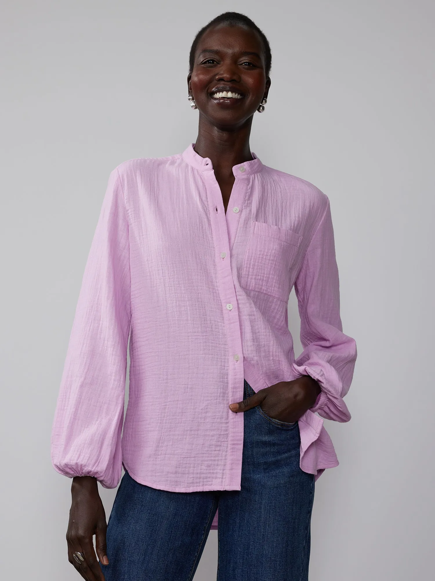 Balloon Sleeve Cotton Gauze Button Down Shirt