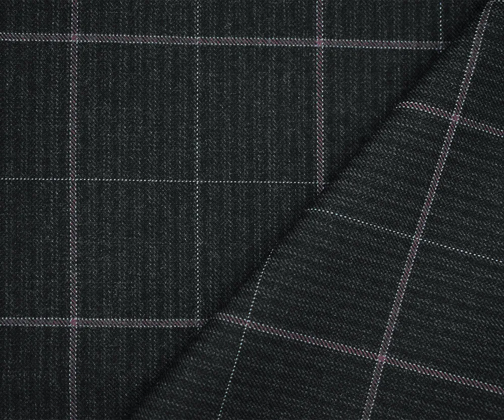 Black-Gray-Deep Mauve Wool-Poly Check Stripe Twill Woven Suiting Fabric