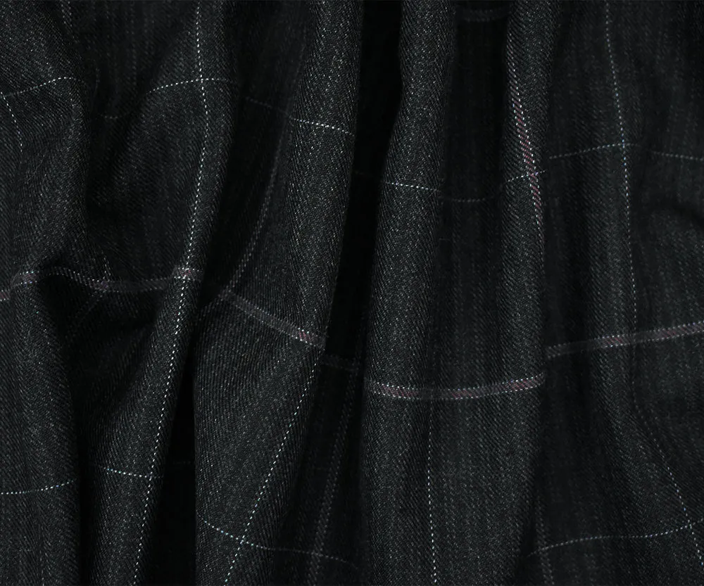 Black-Gray-Deep Mauve Wool-Poly Check Stripe Twill Woven Suiting Fabric