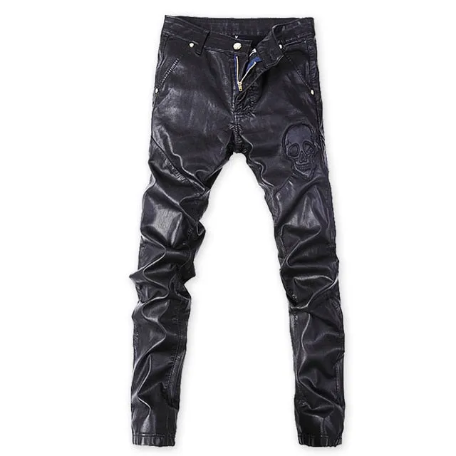 Black Skull Punk Slim Fit PU Patch Men Jeans