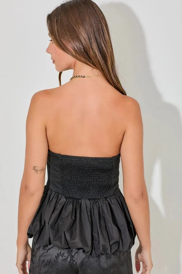 Black Strapless Balloon Hem Top