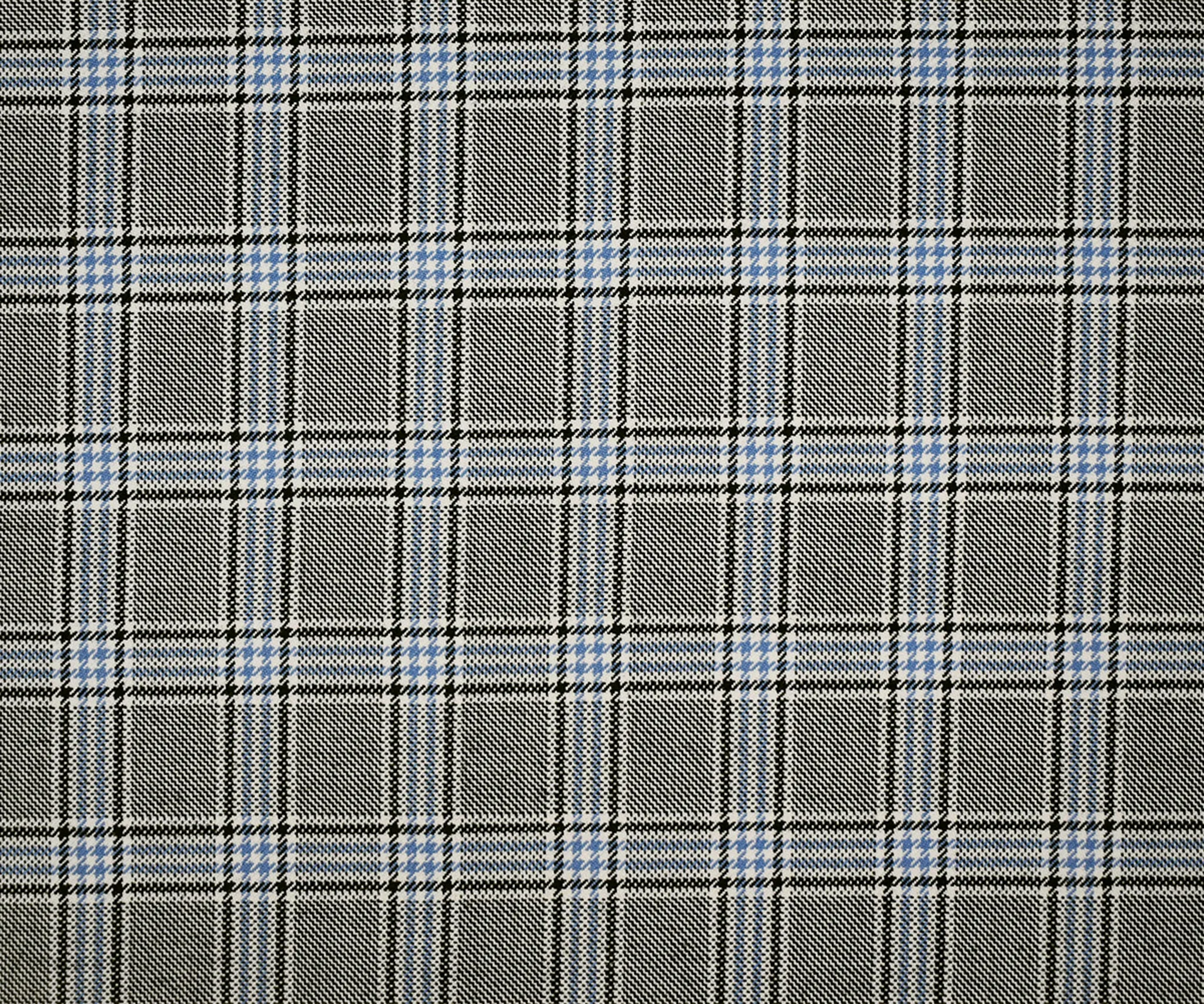 Black-White-Blue Poly Wool Plaid Twill Woven Suiting Fabric