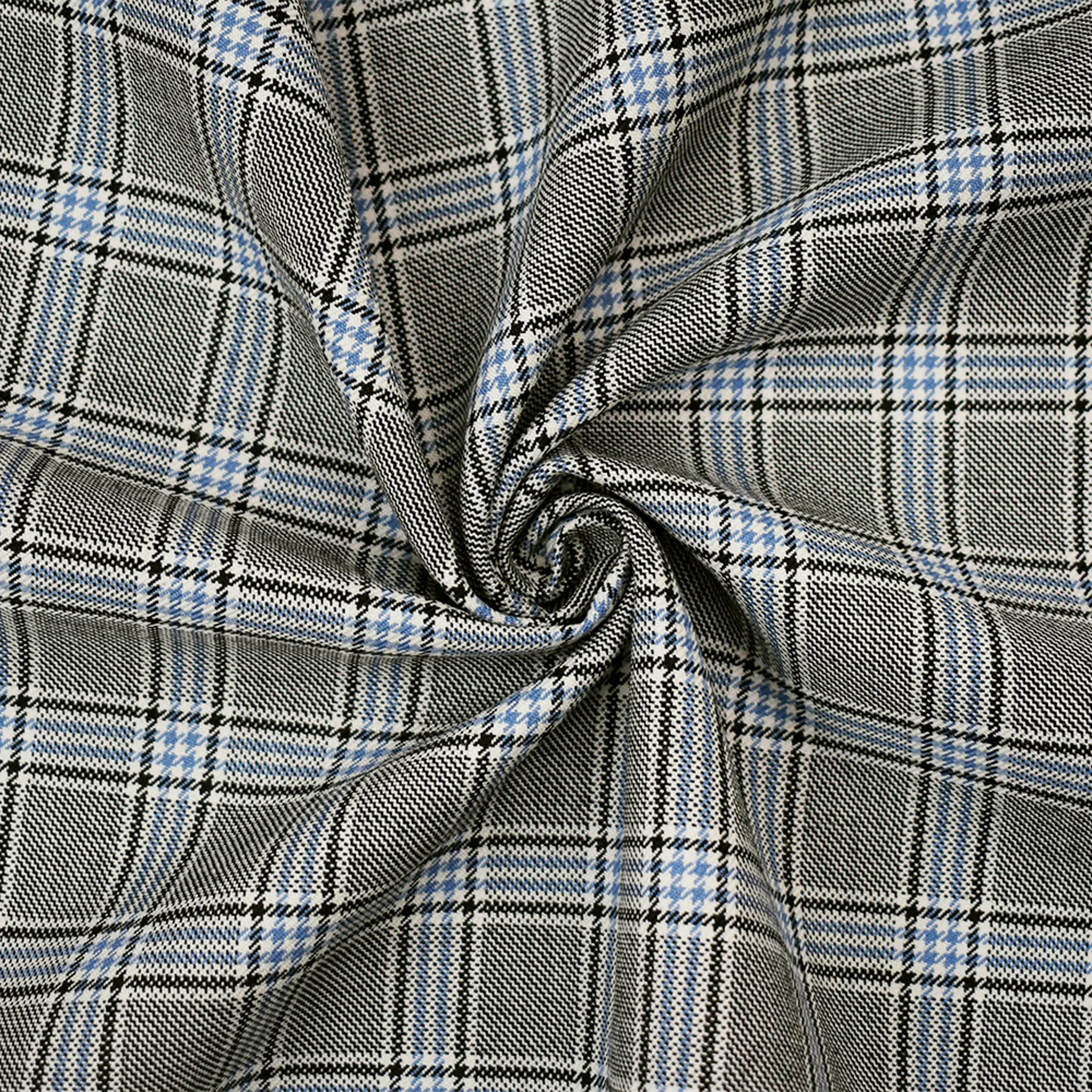 Black-White-Blue Poly Wool Plaid Twill Woven Suiting Fabric