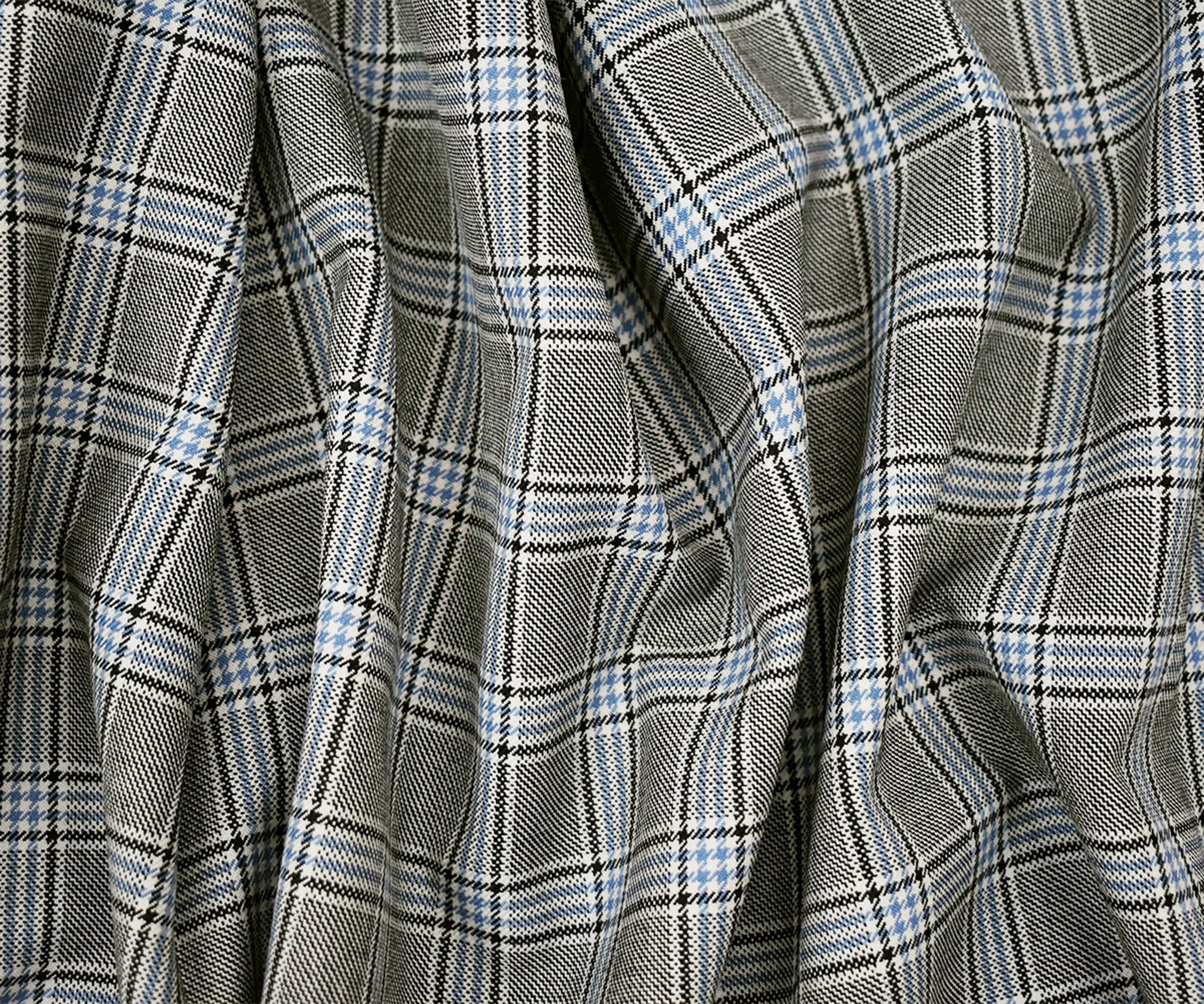 Black-White-Blue Poly Wool Plaid Twill Woven Suiting Fabric