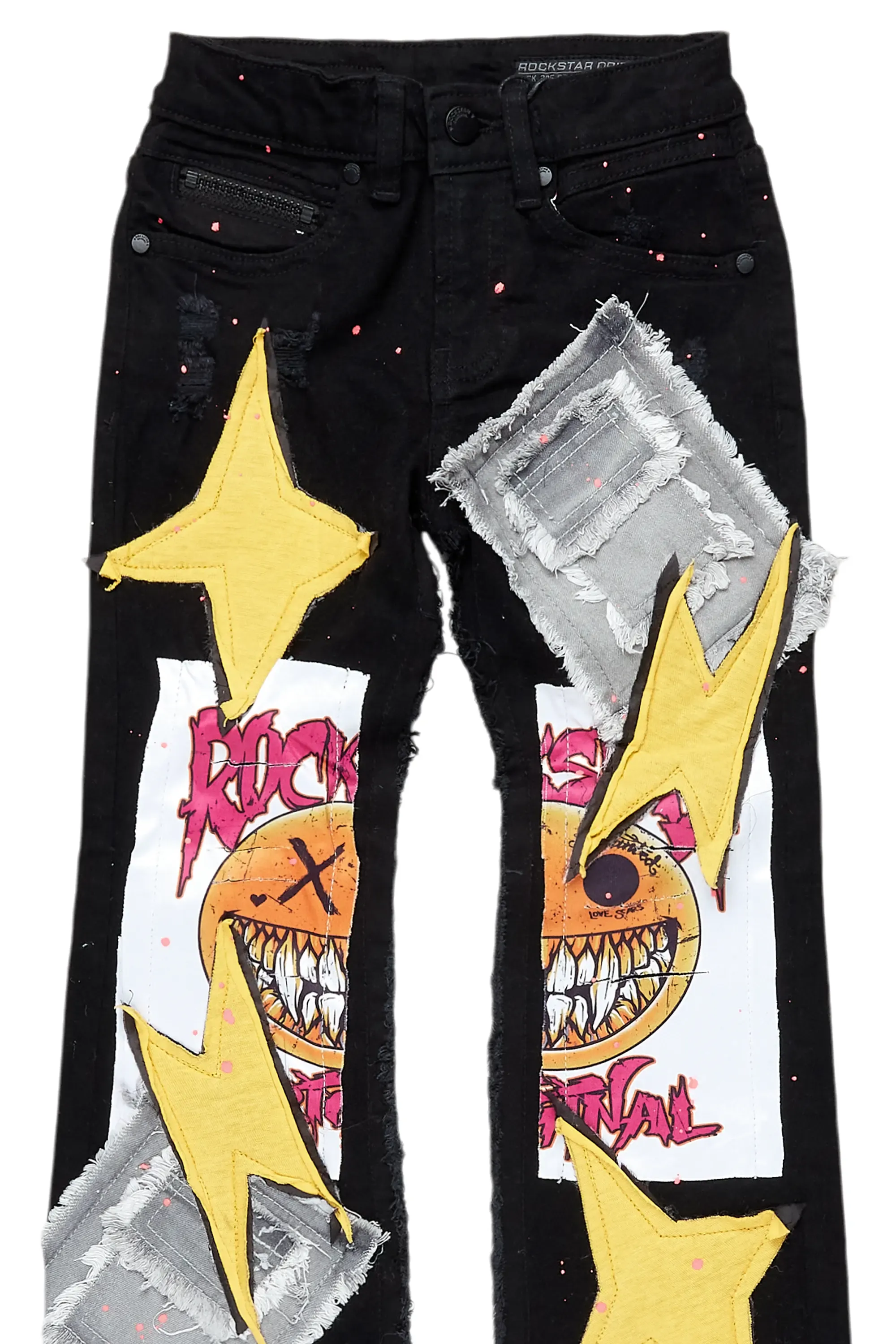 Boys Fraust Jet Black Patchwork Stacked Flare Jean