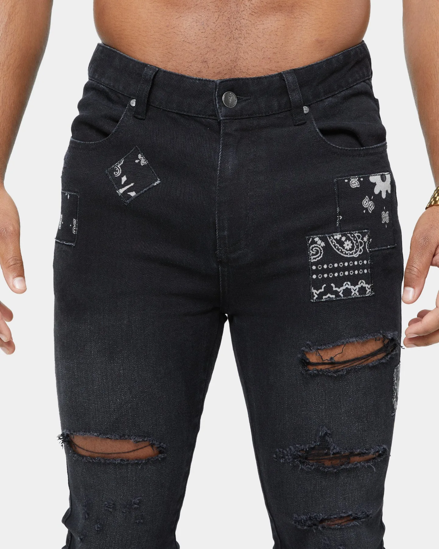 Carre Bandana Ultra Patchwork Distressed Jeans Washed Black