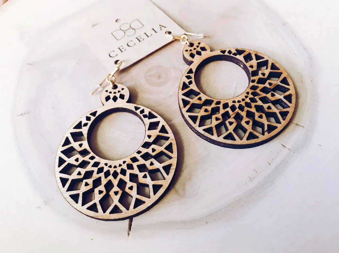 Cecelia Wood Earring, Tiered Mandala