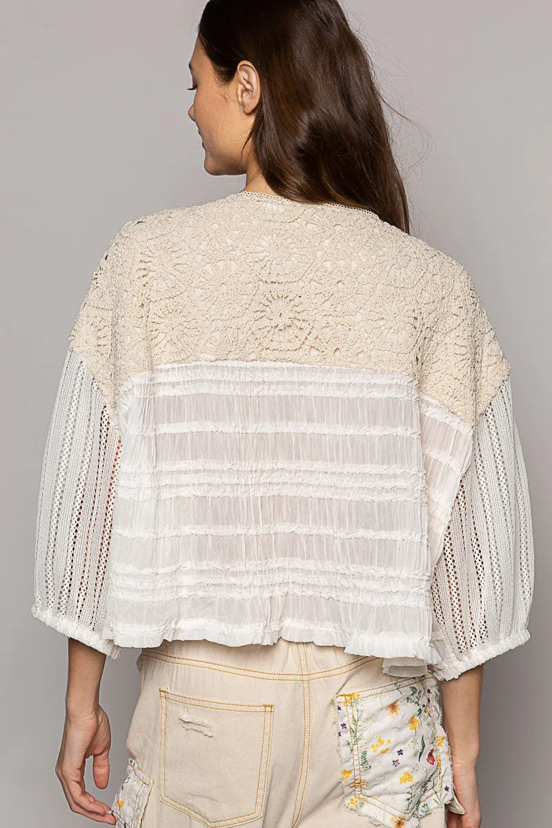 Chiffon & Crochet Jacket Top - Cream