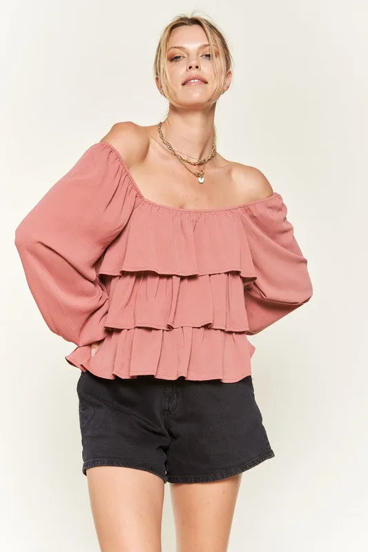 Chiffon Bubble Sleeve Tiered Flounce Blouse