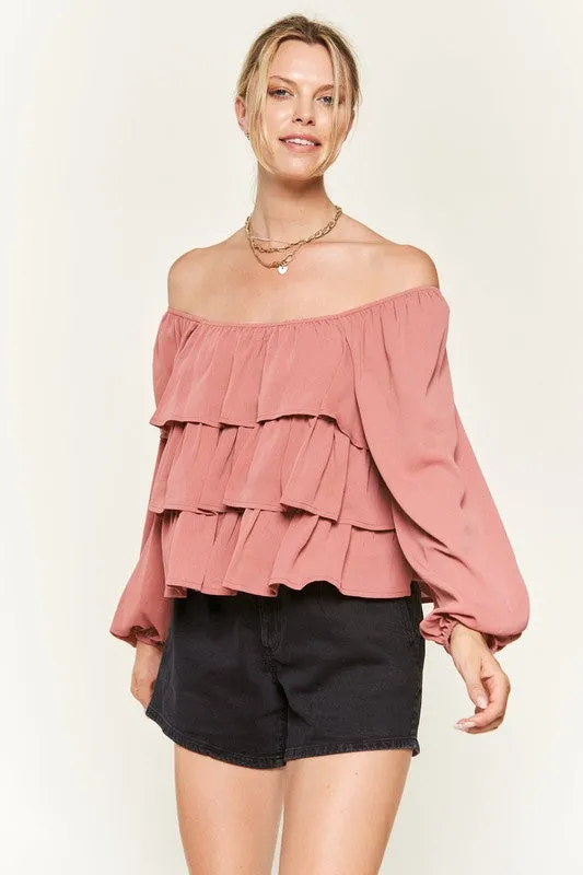 Chiffon Bubble Sleeve Tiered Flounce Blouse