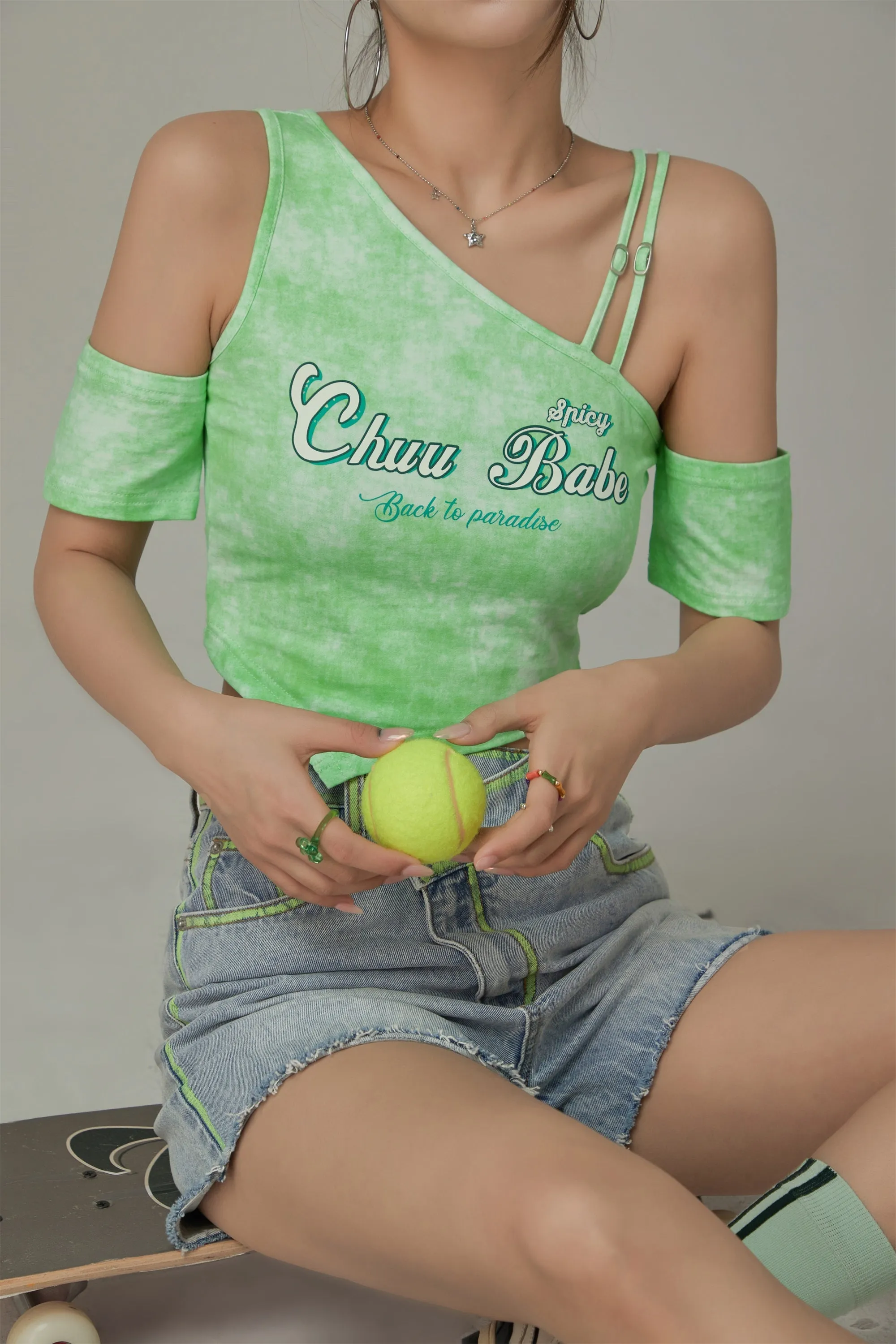 Chuu Babe Off-The-Shoulder Asymmetrical Cropped T-Shirt