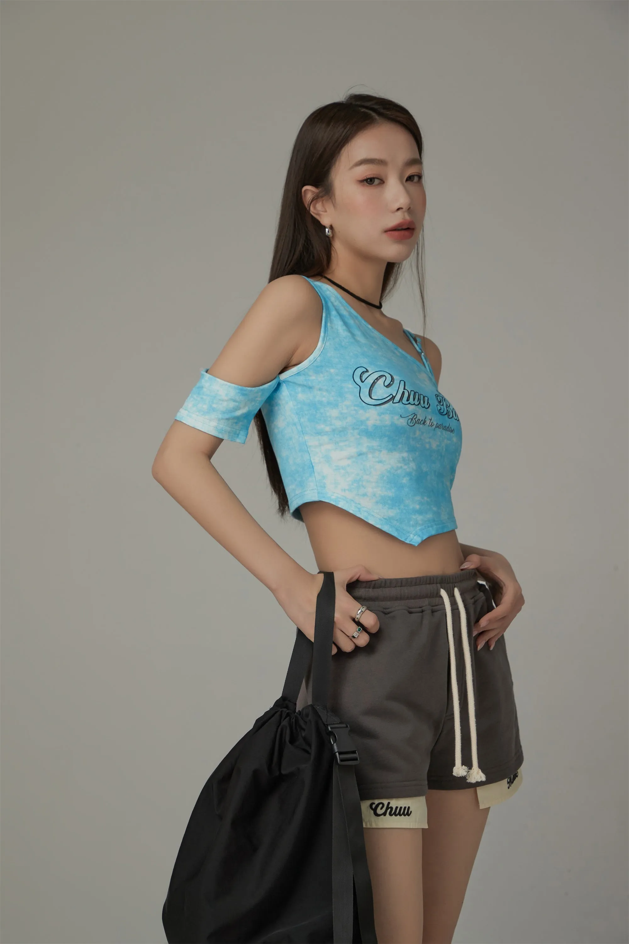 Chuu Babe Off-The-Shoulder Asymmetrical Cropped T-Shirt