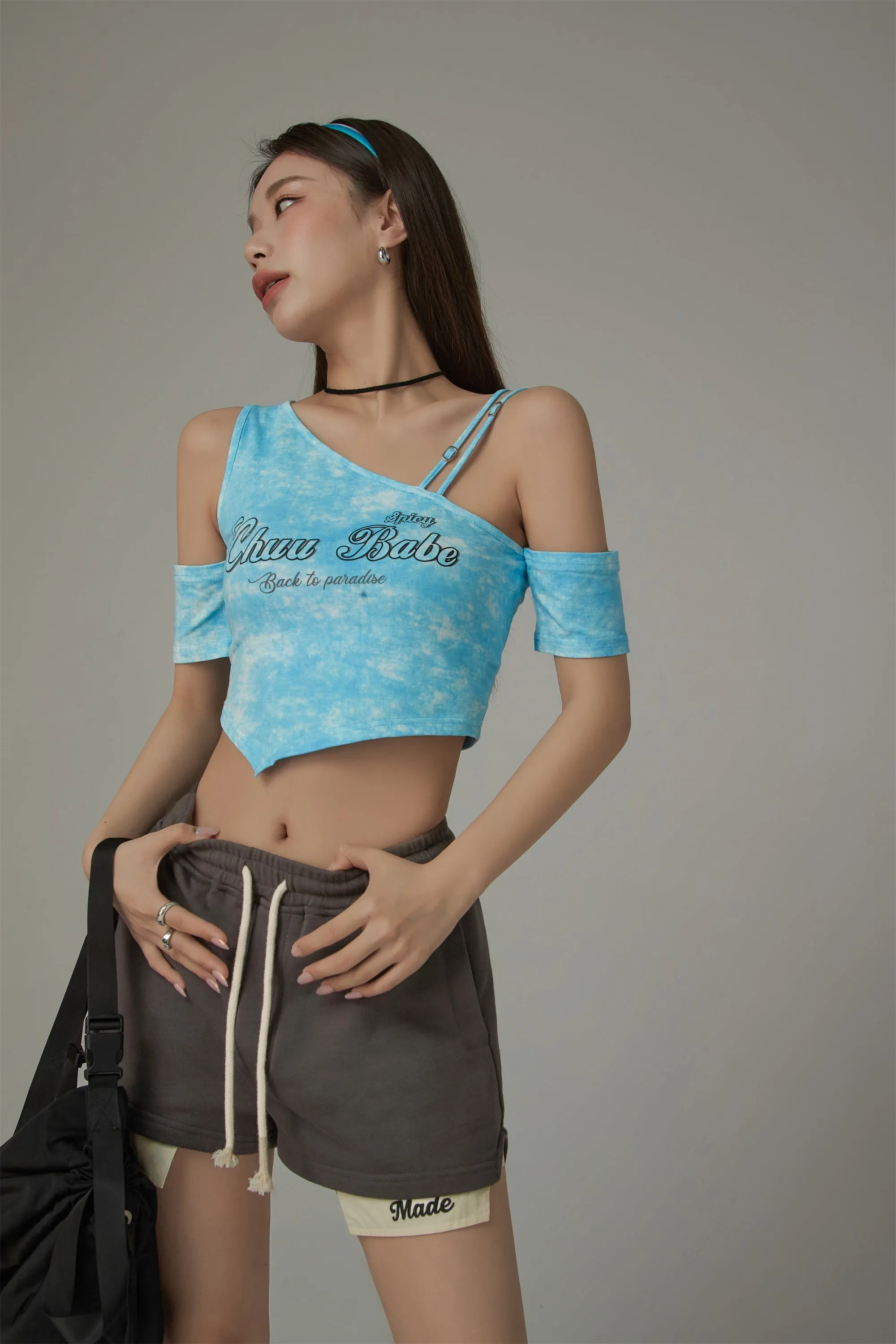 Chuu Babe Off-The-Shoulder Asymmetrical Cropped T-Shirt