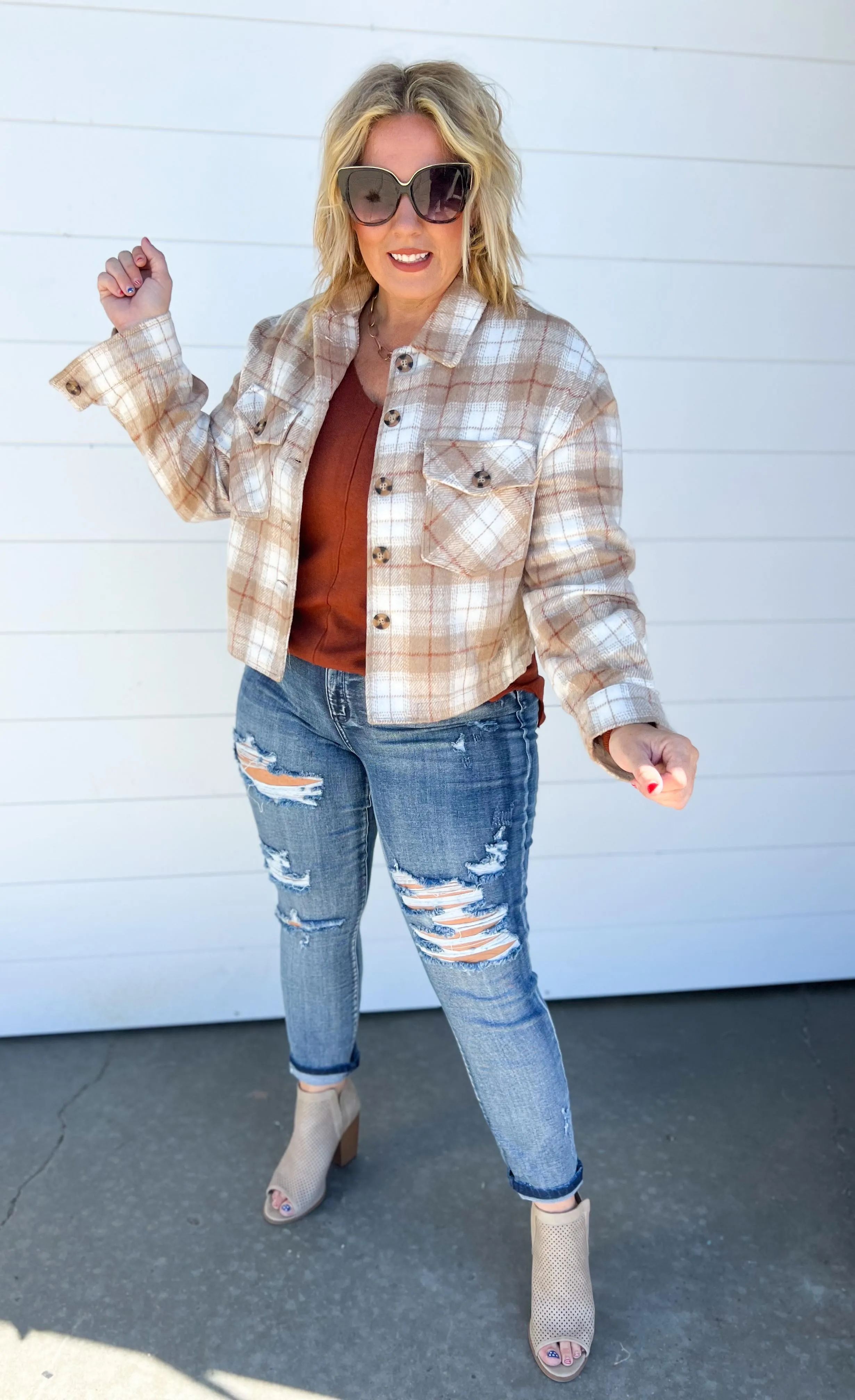 Copy of Plaid Button Down Cropped Shacket - Camel - Final Sale - Pop Up Shop