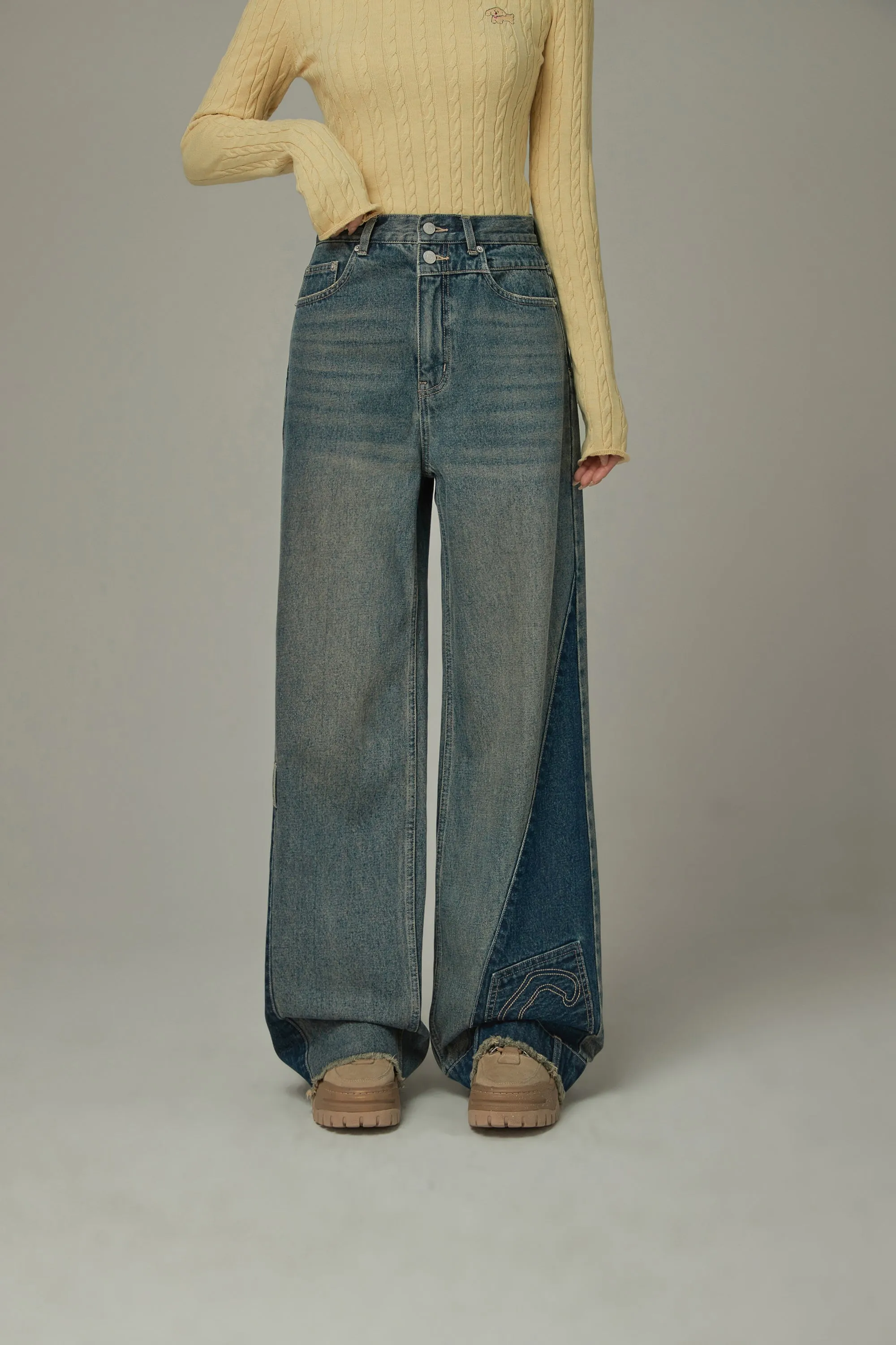 Cut Patchwork Hem Two Toned Denim Jeans