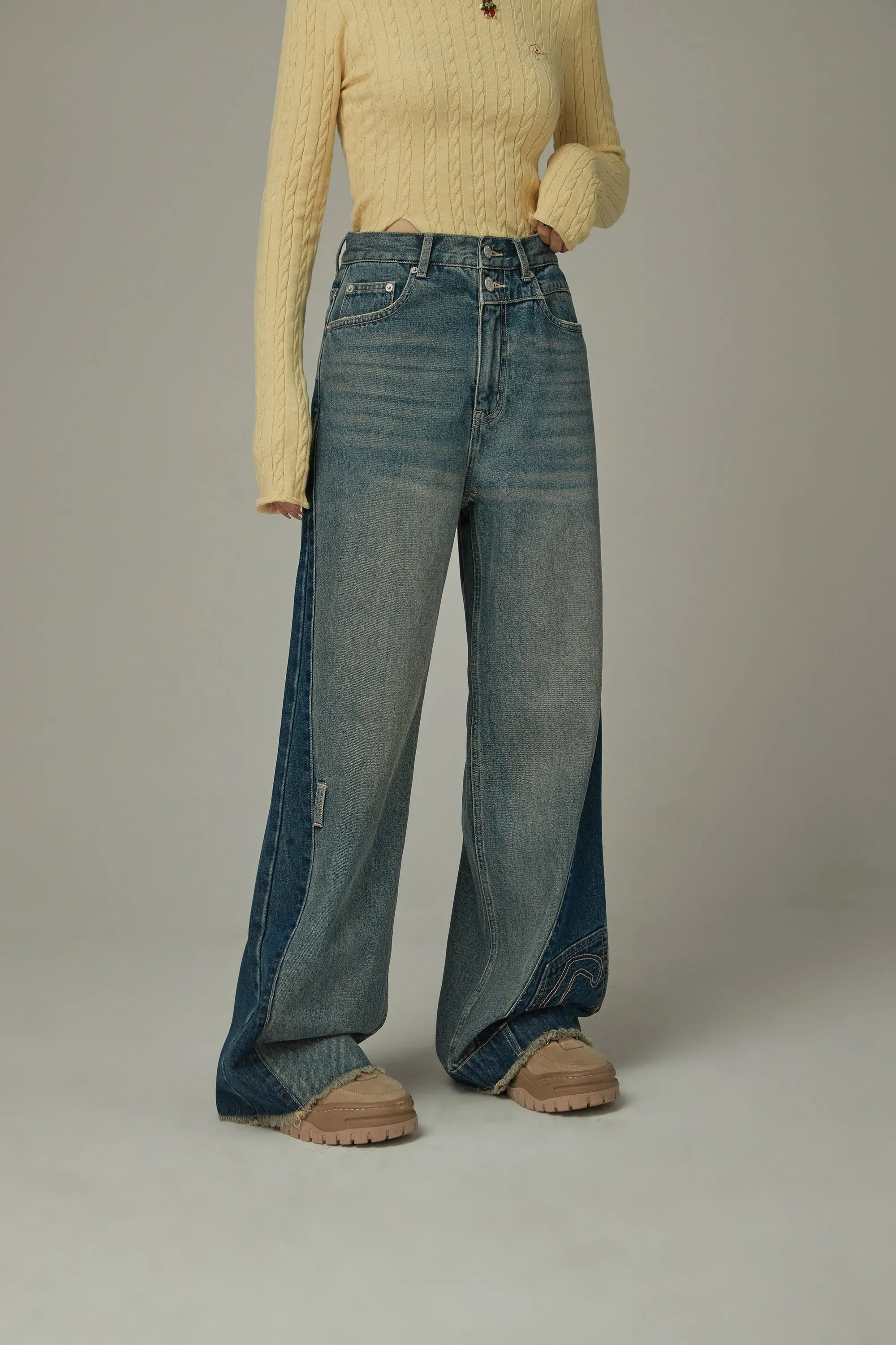 Cut Patchwork Hem Two Toned Denim Jeans