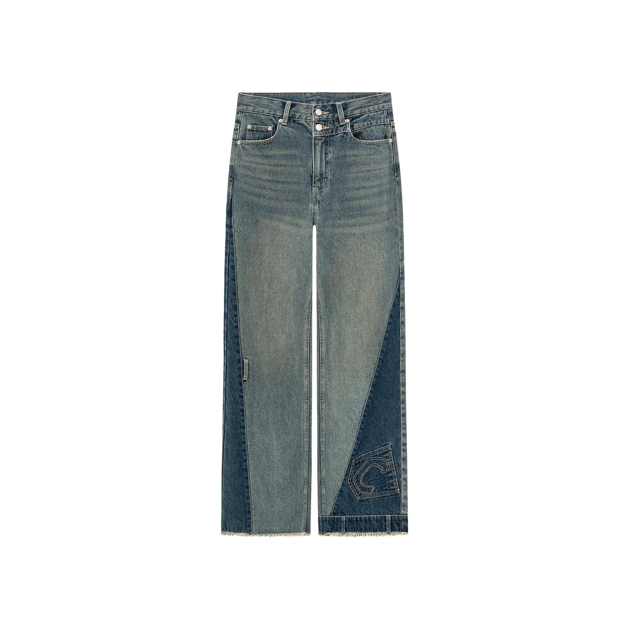 Cut Patchwork Hem Two Toned Denim Jeans