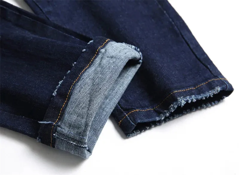 Dark Blue Slim-Fit Patchwork Jeans