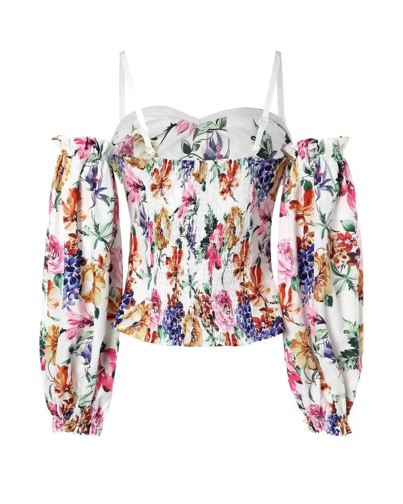 Deanwangkt - Floral Print Off Shoulder Frill Hem Top