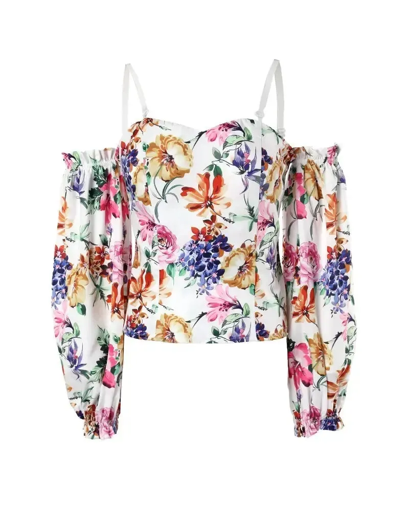 Deanwangkt - Floral Print Off Shoulder Frill Hem Top