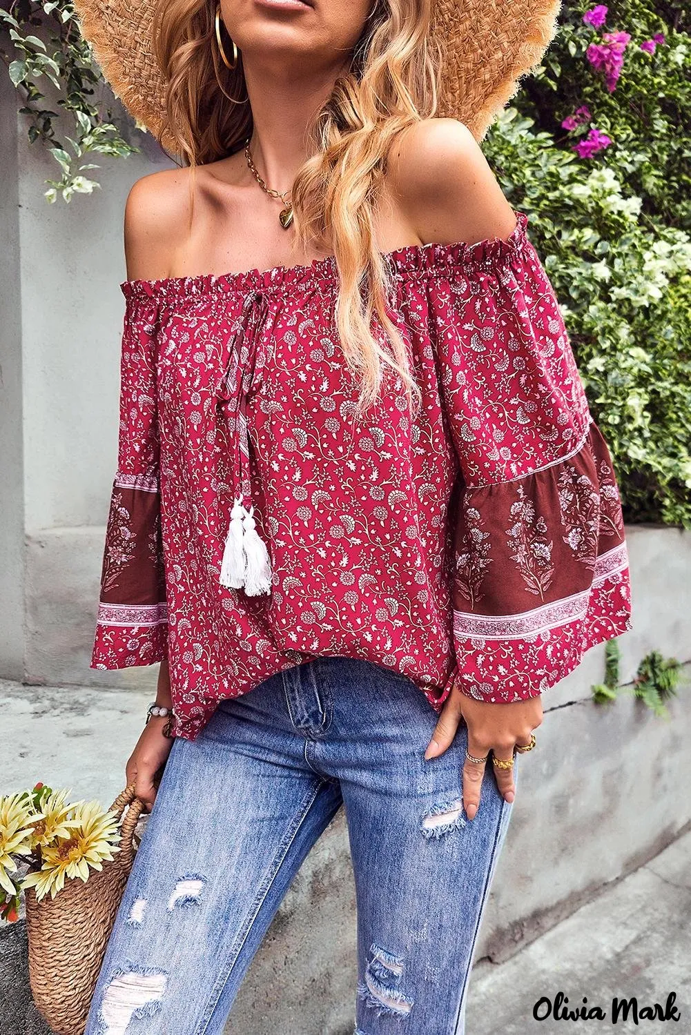 Deanwangkt - Red Boho Off Shoulder Floral Print Blouse