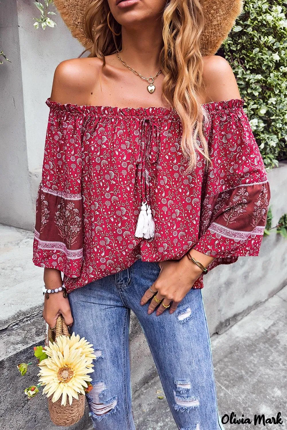 Deanwangkt - Red Boho Off Shoulder Floral Print Blouse