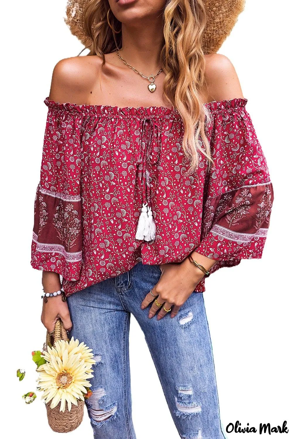 Deanwangkt - Red Boho Off Shoulder Floral Print Blouse