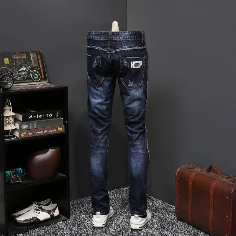 Distressed Tassel Denim Personality Patch Style Men Jeans