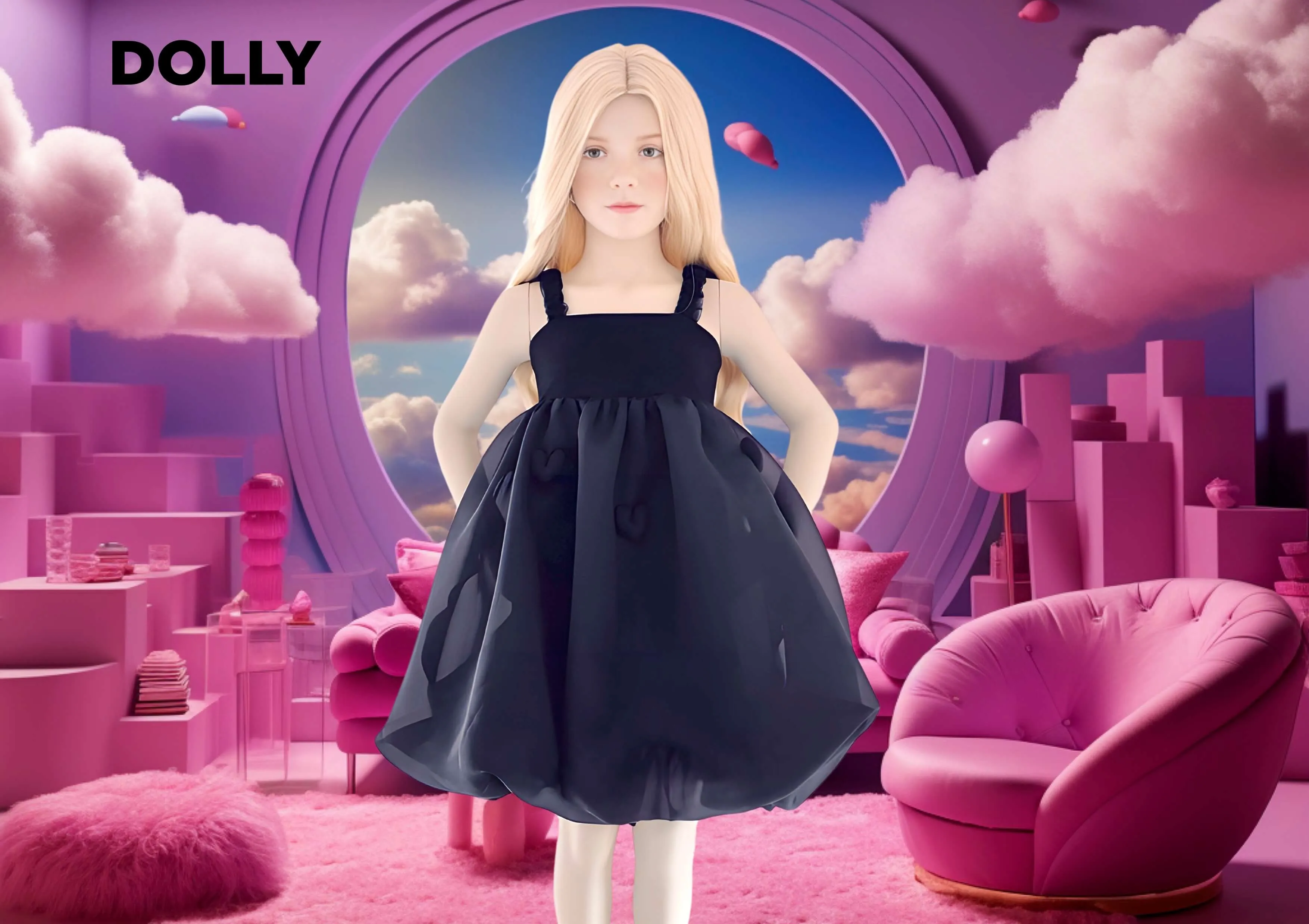 DOLLY WORLD HEART BALLOON ORGANZA DRESS WITH COTTON BODY black