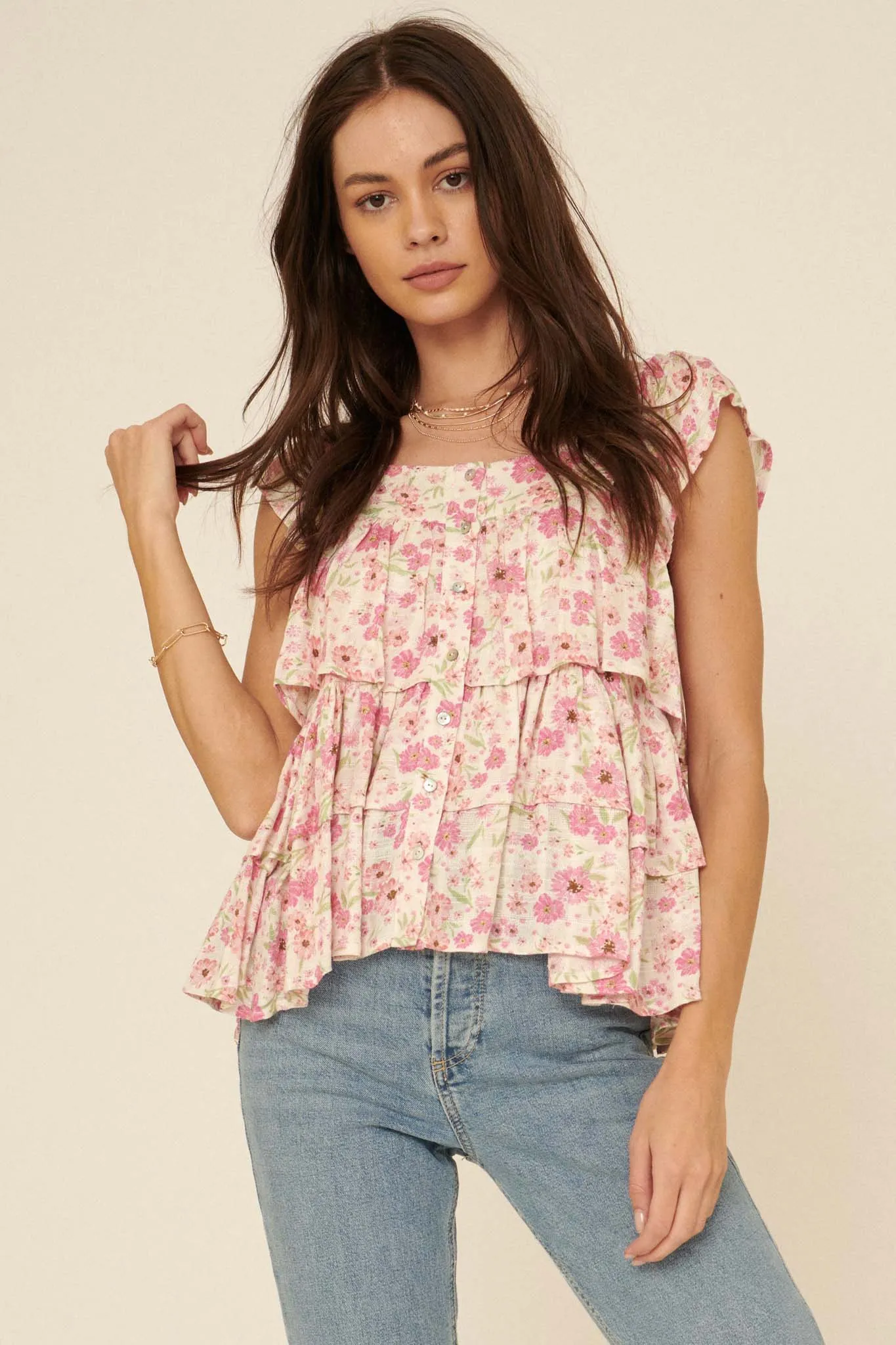 Flower Hour Floral Tiered Ruffle Babydoll Top