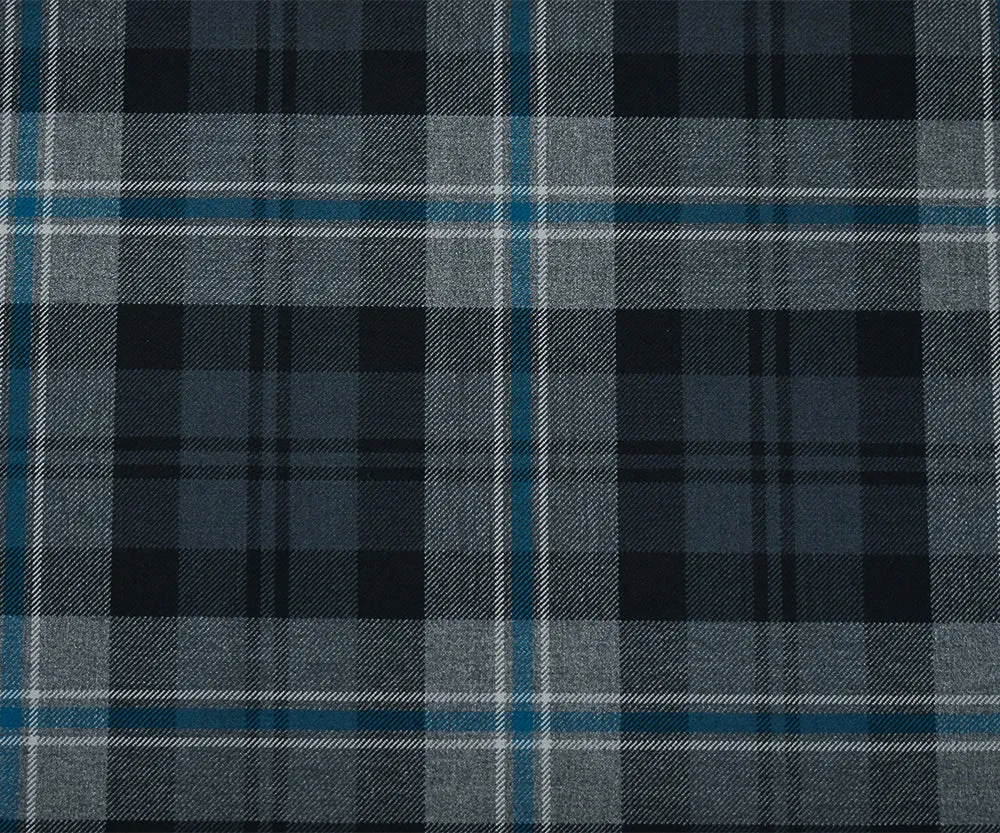 Gray-Black-Blue Wool Polyester Plaid Woven Twill Suiting Fabric