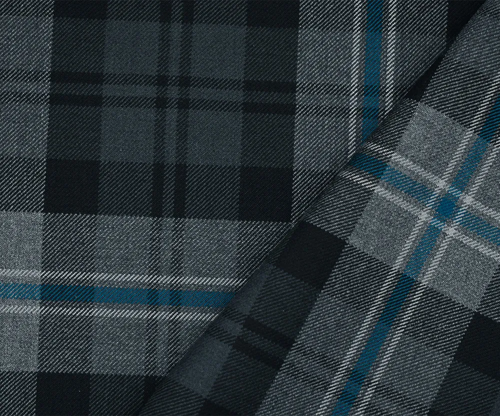 Gray-Black-Blue Wool Polyester Plaid Woven Twill Suiting Fabric