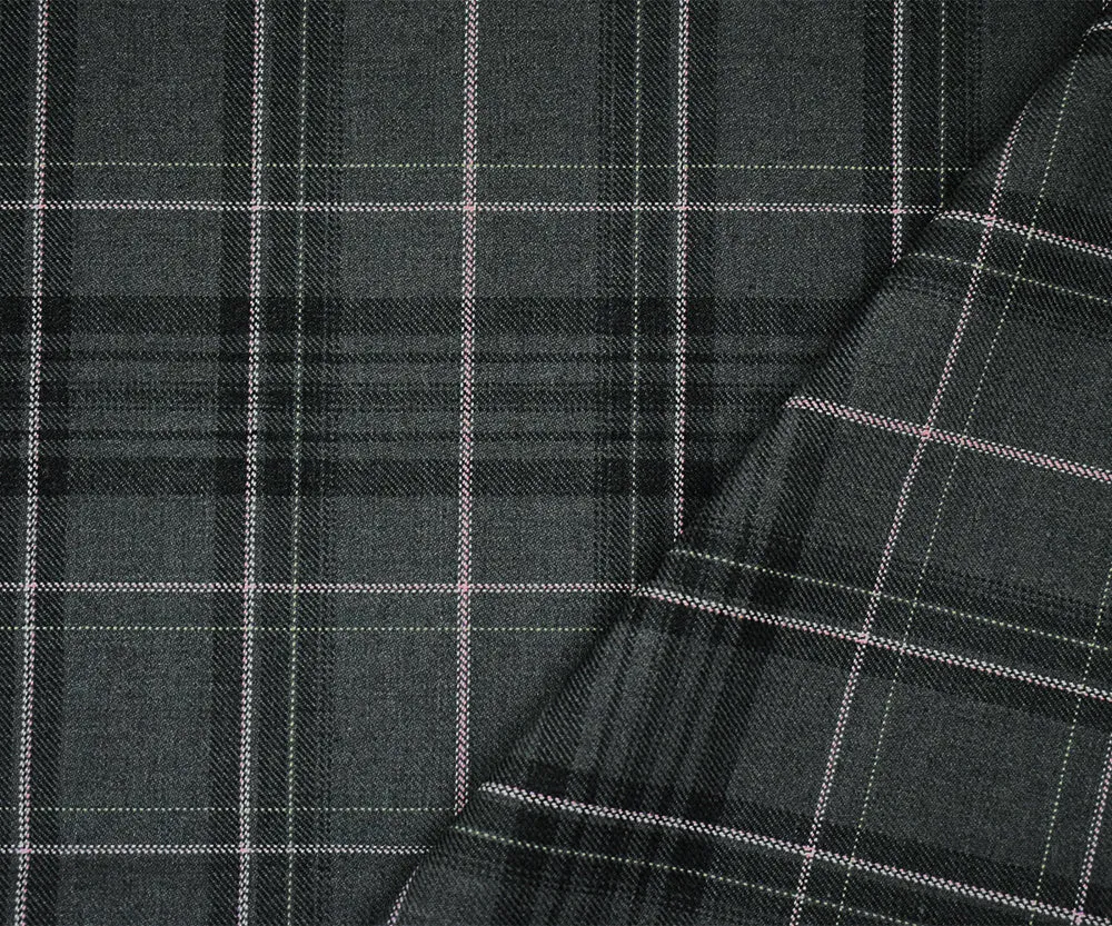 Gray-Pink-Multi Polyester Wool Plaid Twill Suiting Woven Fabric