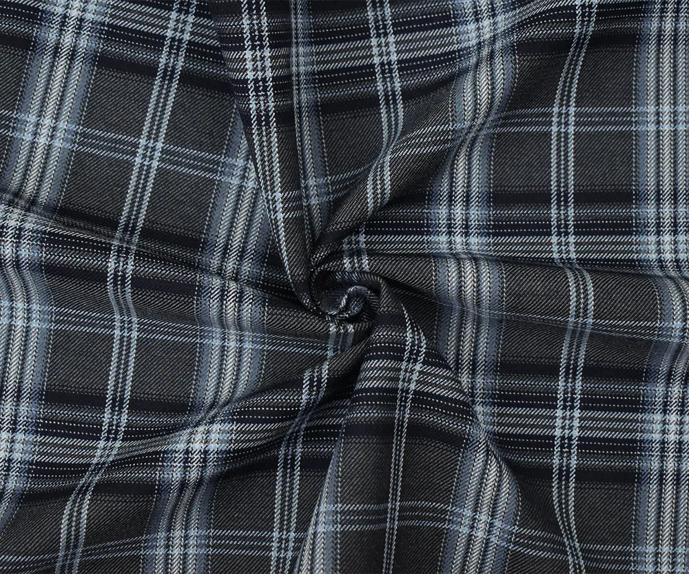 Gray-Sky Blue-Multi Polyester Wool Blend Plaid Twill Suiting Fabric