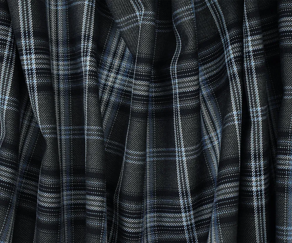 Gray-Sky Blue-Multi Polyester Wool Blend Plaid Twill Suiting Fabric