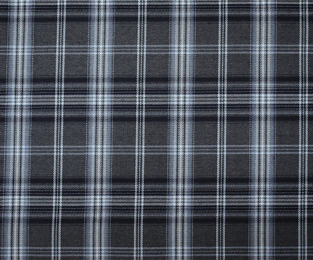 Gray-Sky Blue-Multi Polyester Wool Blend Plaid Twill Suiting Fabric