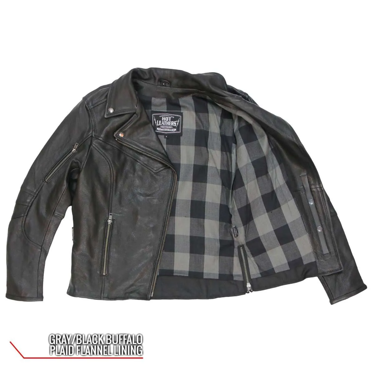 Hot Leathers JKL1034 Ladies Black Leather MC Jacket with Plaid Flannel