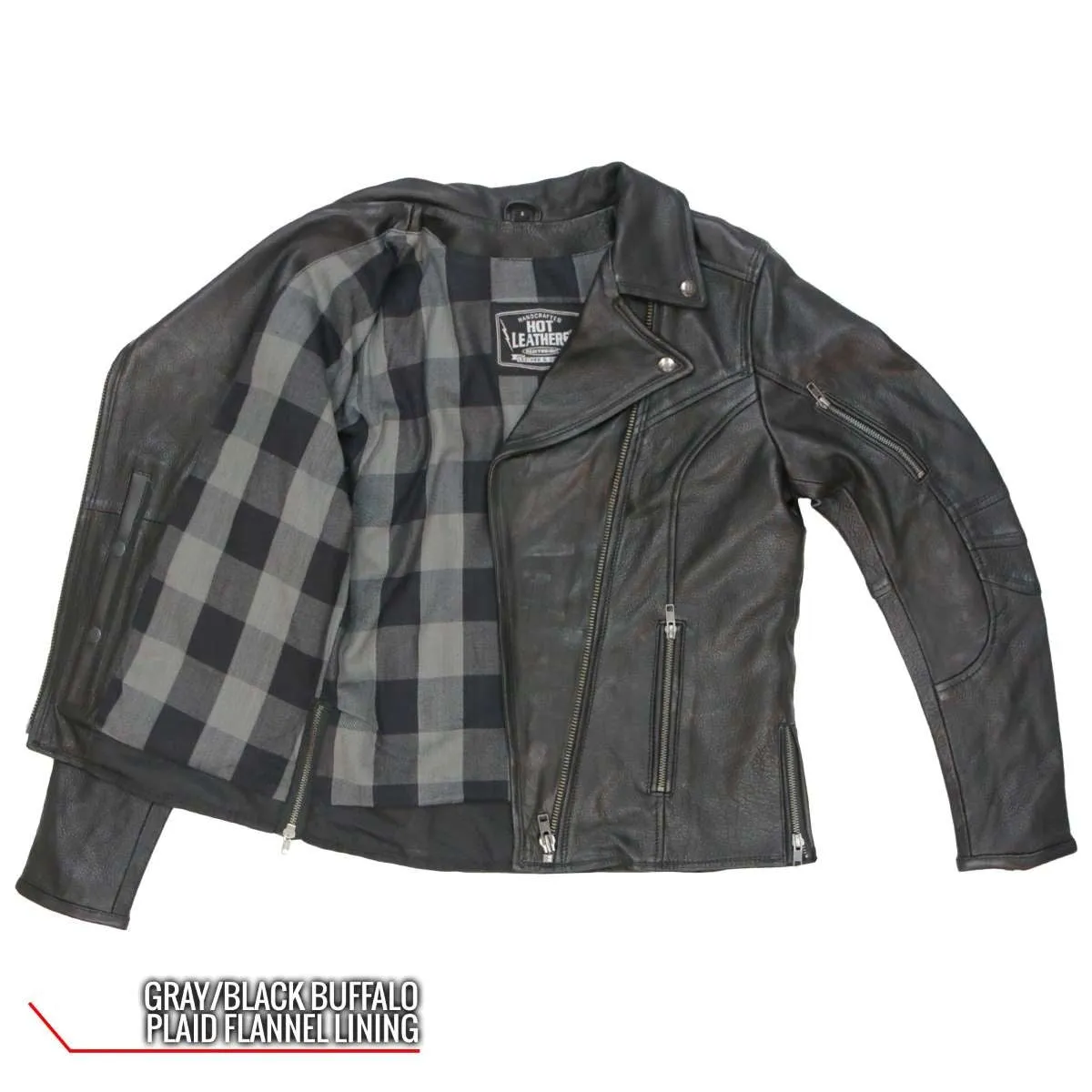 Hot Leathers JKL1034 Ladies Black Leather MC Jacket with Plaid Flannel