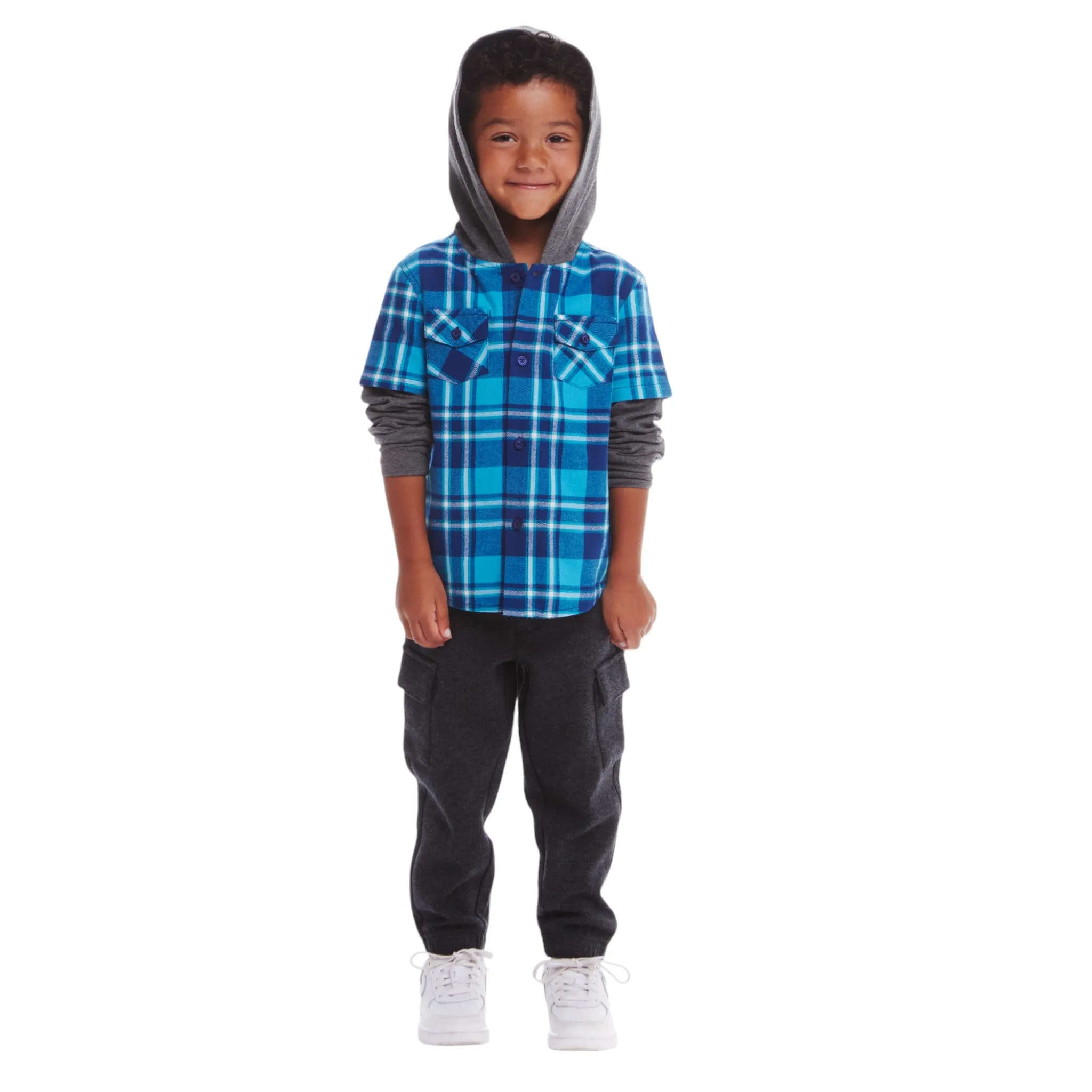 Kids Plaid Flannel Terry Twofer Hoodie | Teal