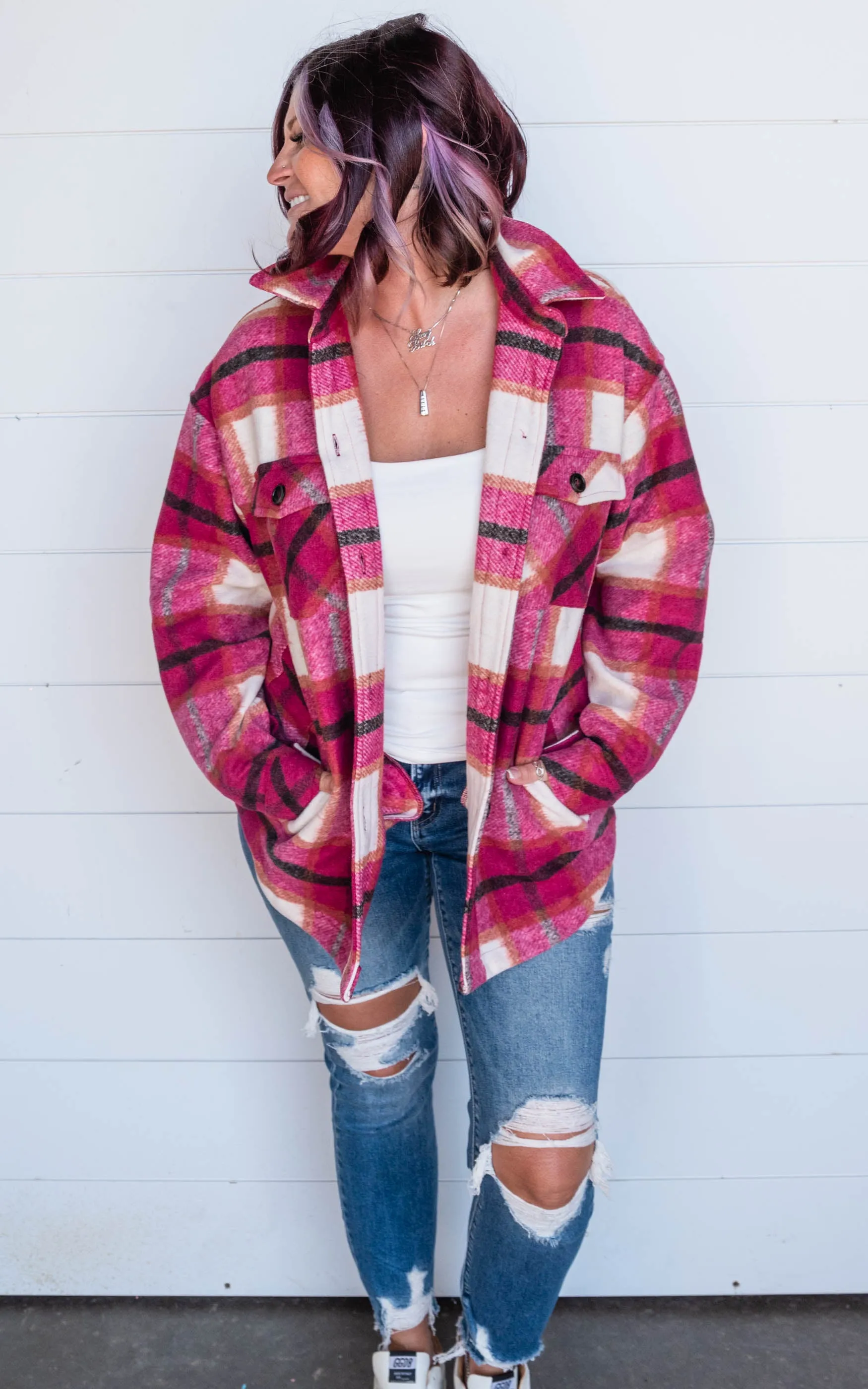 Layering in Plaid Shacket - Red/Ivory - Final Sale*