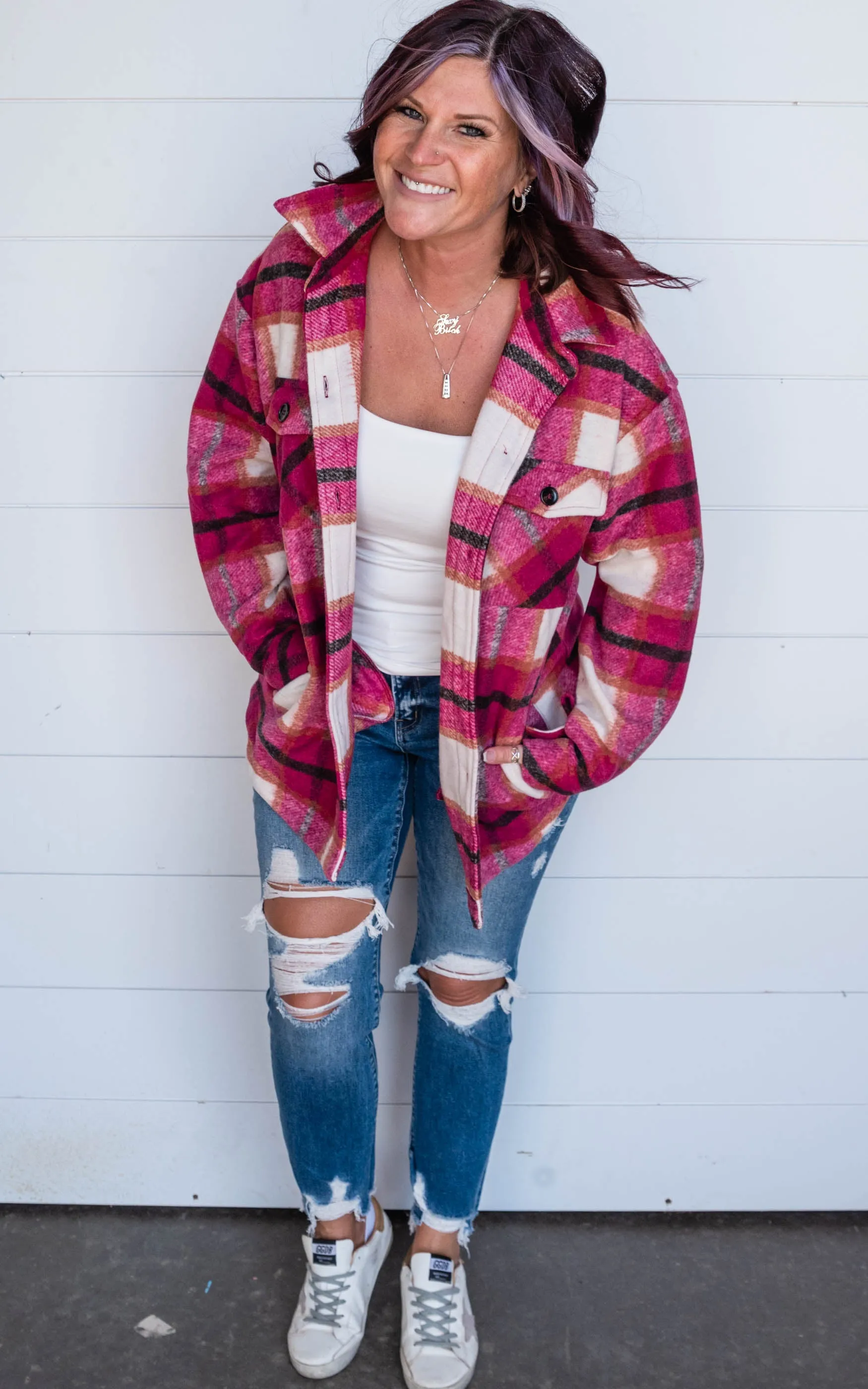 Layering in Plaid Shacket - Red/Ivory - Final Sale*