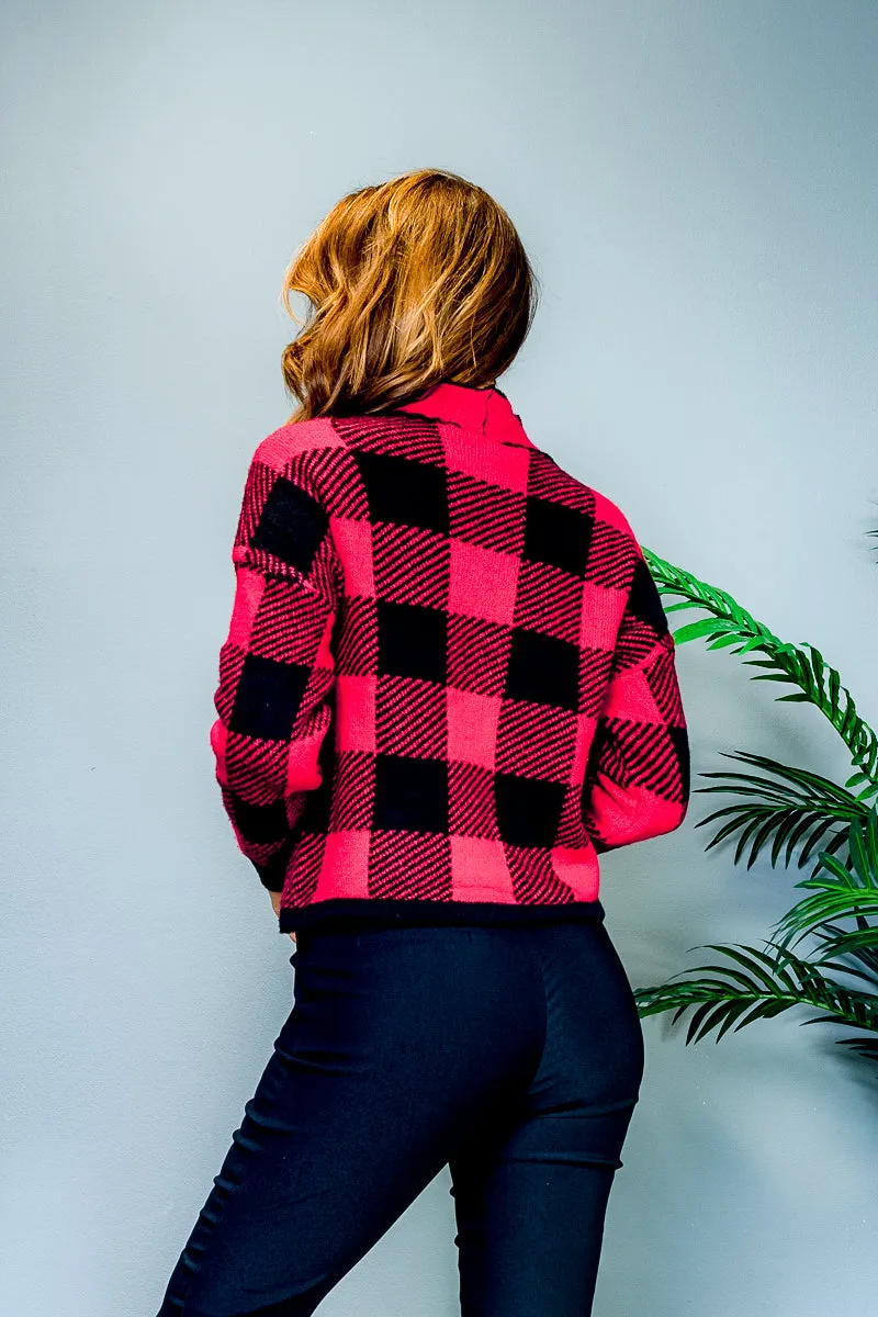 Long Sleeve Buffalo Plaid Mock Neck Sweater with Drawstring Waist in Red & Black (31194R)