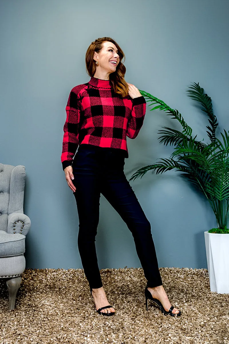 Long Sleeve Buffalo Plaid Mock Neck Sweater with Drawstring Waist in Red & Black (31194R)