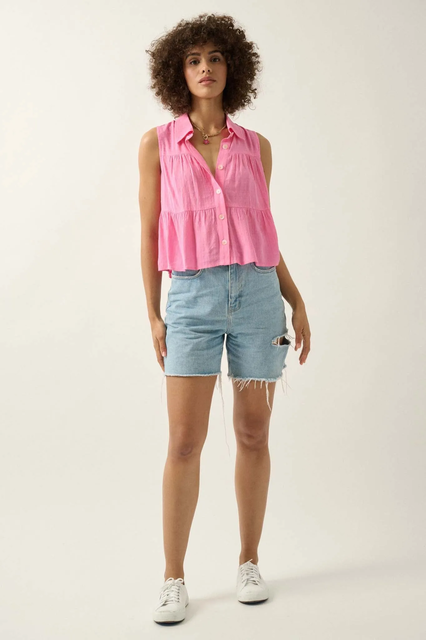 Lovely Day Tiered Ruffle Sleeveless Button-Up Top