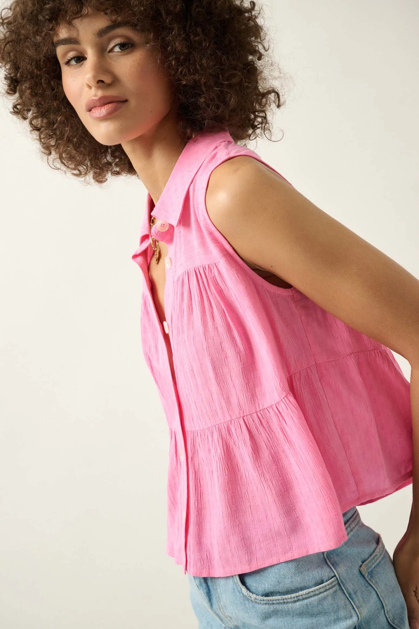 Lovely Day Tiered Ruffle Sleeveless Button-Up Top