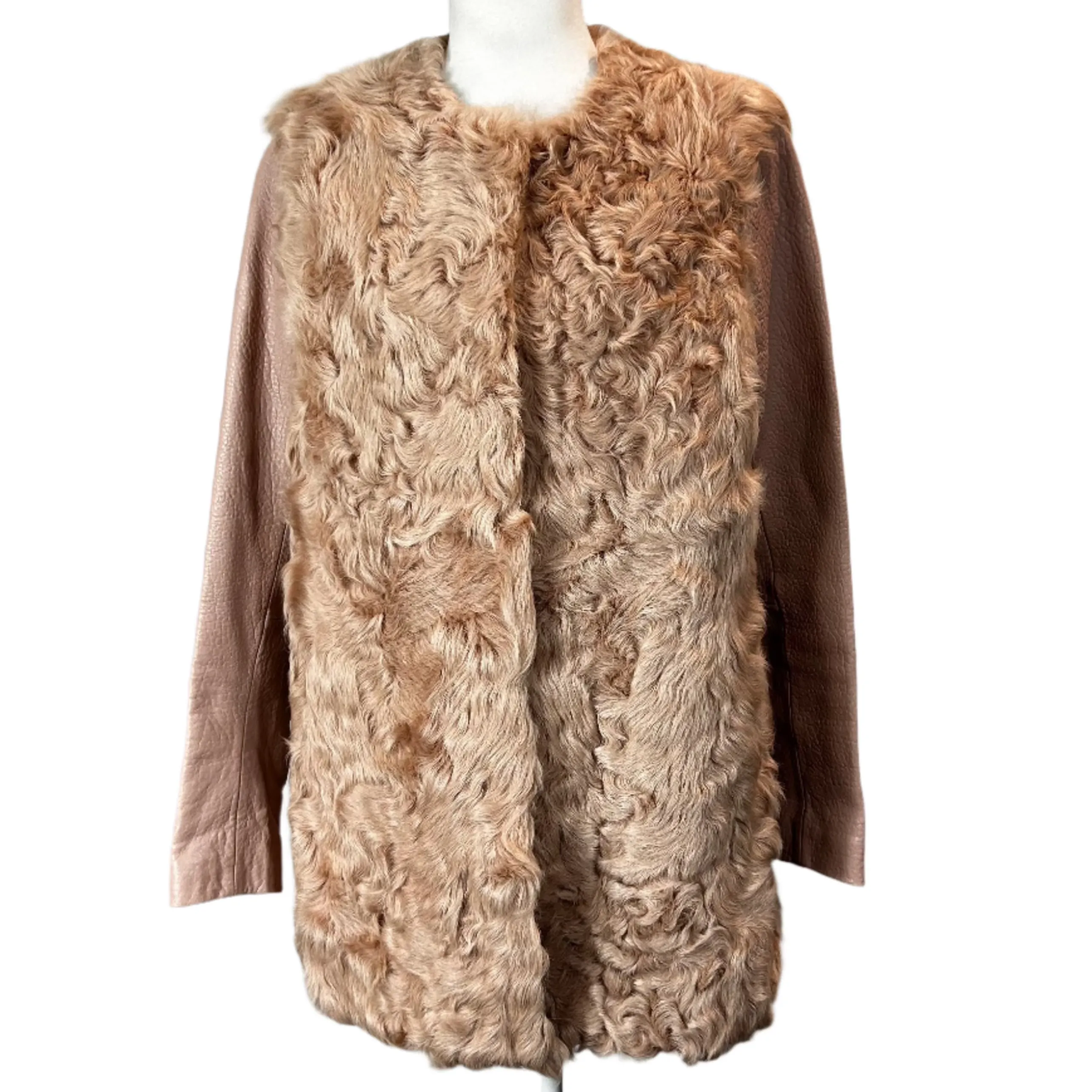 Maje Nude Pink Leather & Curly Shearling Short Coat M