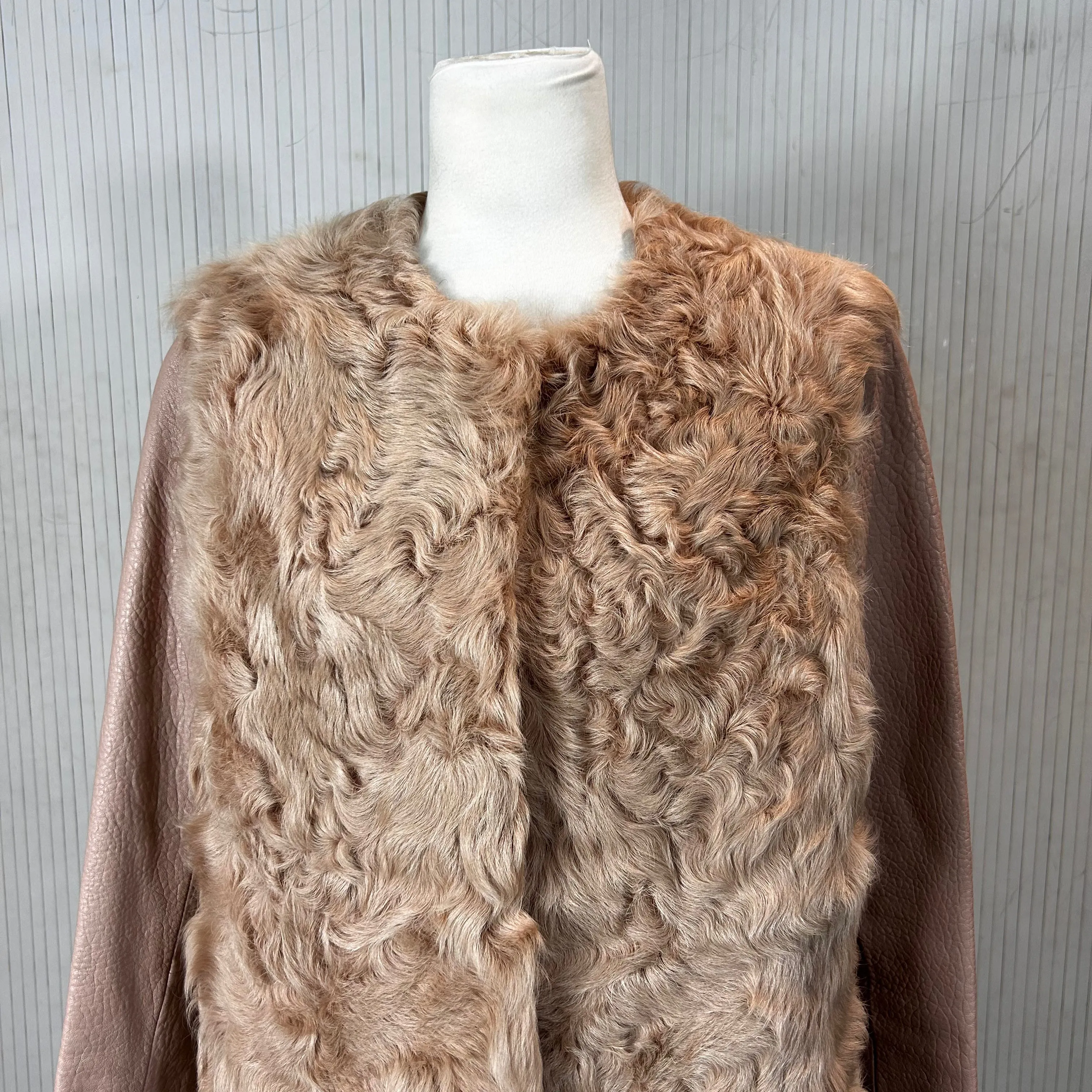 Maje Nude Pink Leather & Curly Shearling Short Coat M